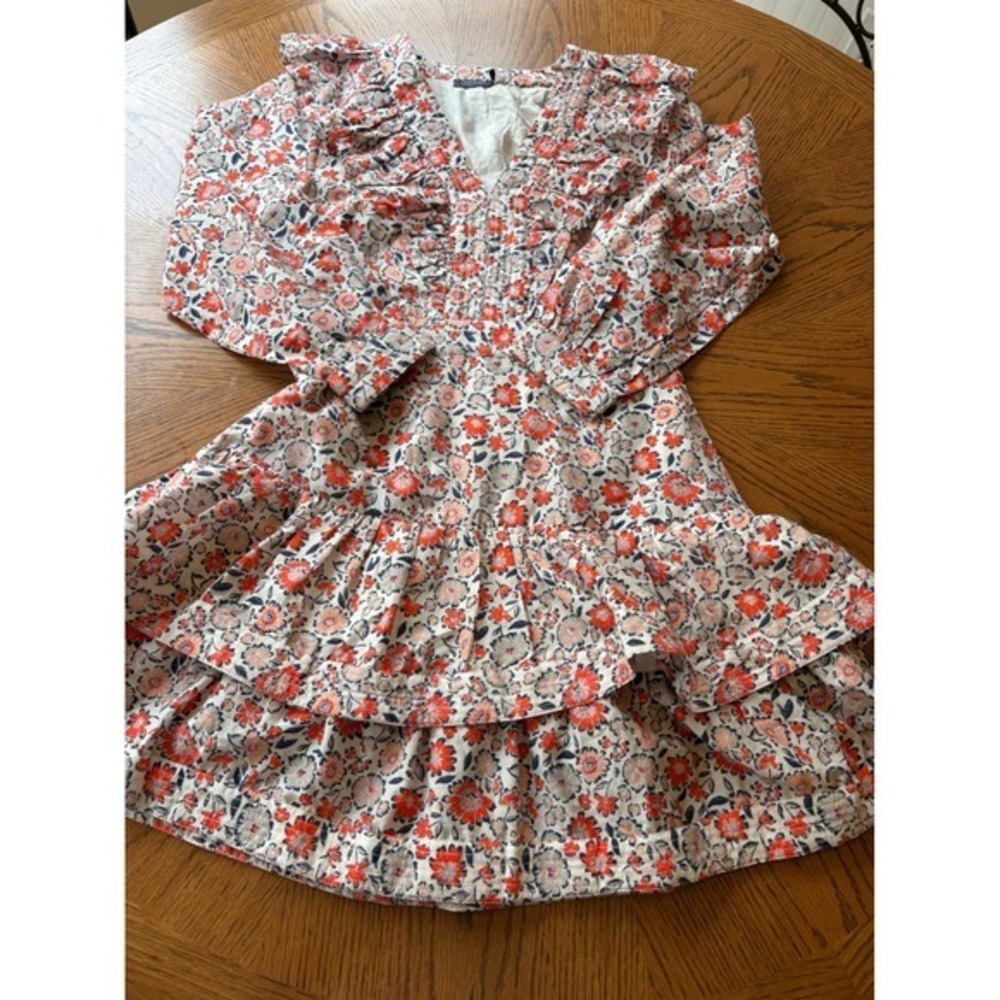 Vineyard Vines Women 6 Floral Silk Cotton Ruffle Tiered Mini Dress Orange Navy